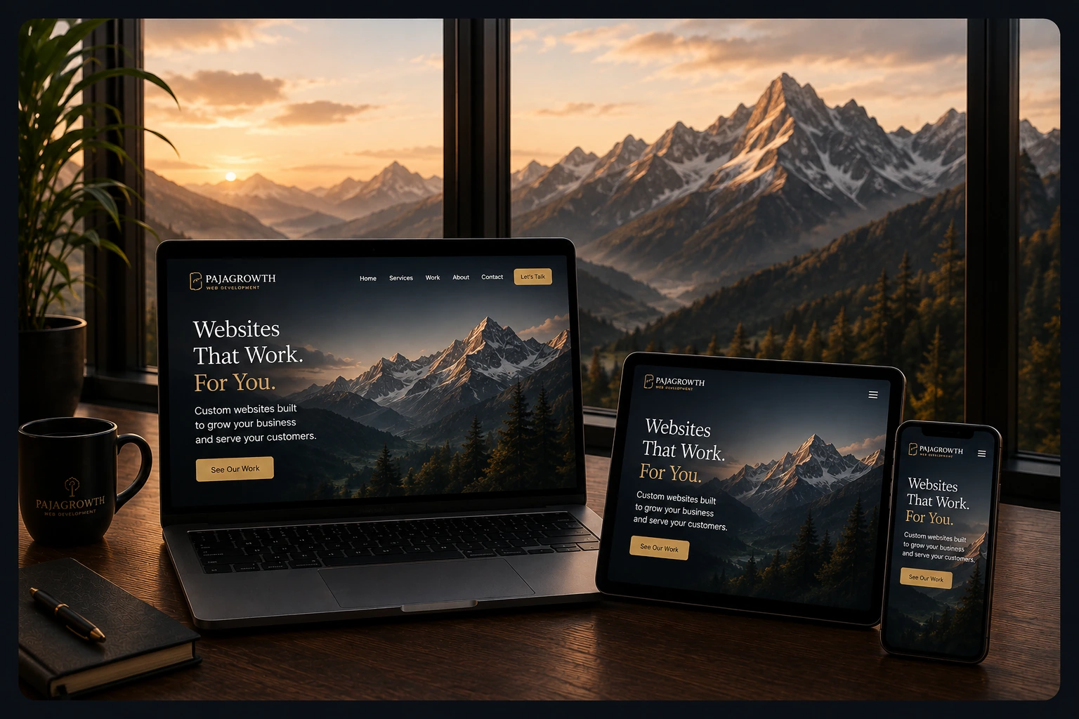 Responsive custom website shown on laptop, tablet and mobile